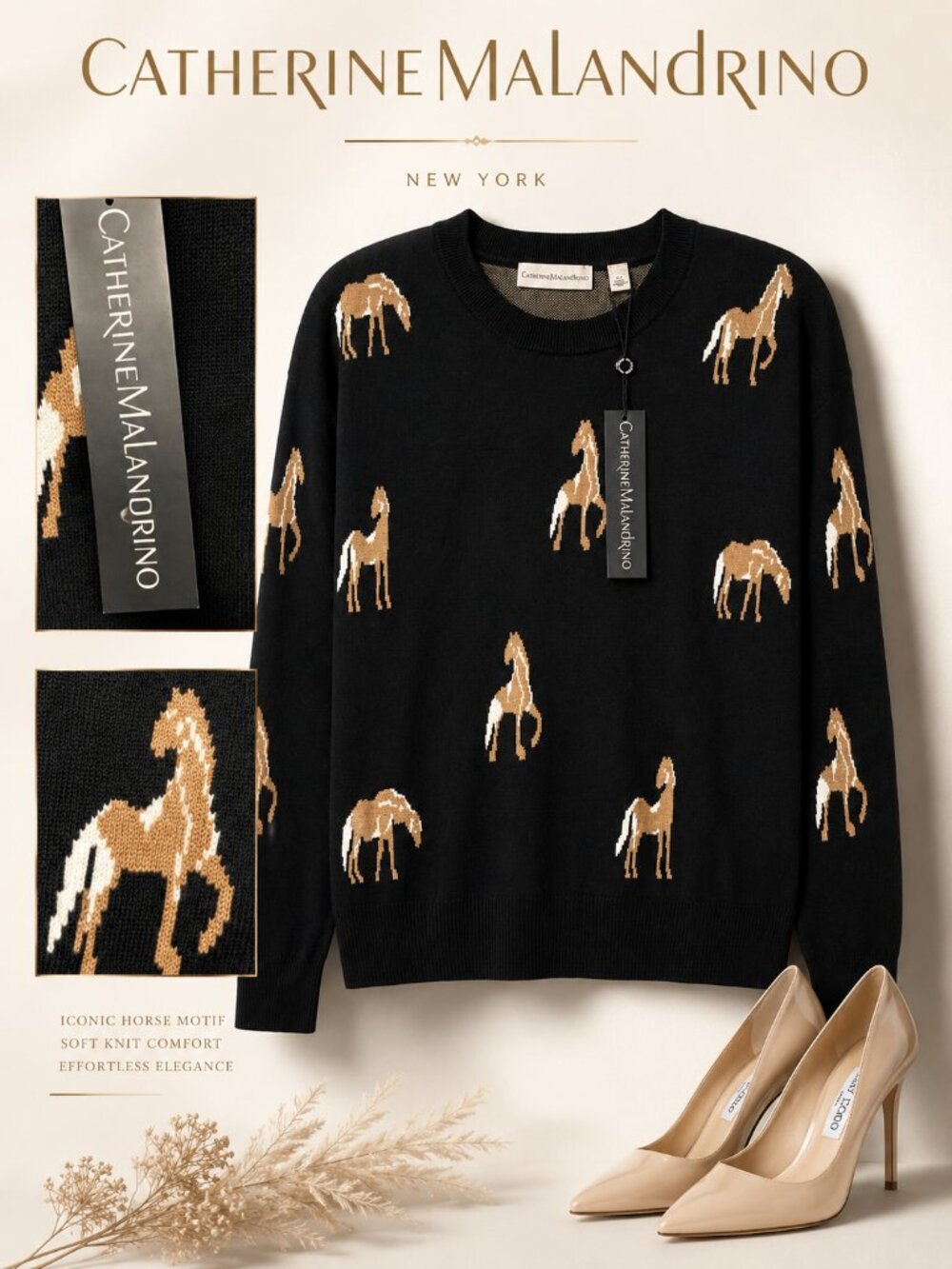 Catherine Malandrino Black Horse Intarsia Pullover Sweater Size L